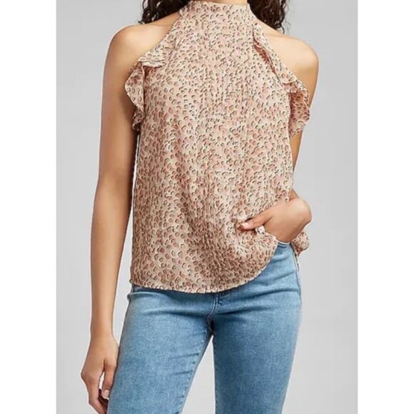 Express womens tan leopard print pintuck ruffled halter top size XS - Picture 1 of 8